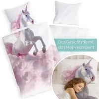Carpe Sonno Kinderbettwäsche 135 x 200 Mädchen Einhorn Kinder Bettwäsche Pferd Lila Rosa Baumwolle, Renforcé, 2 teilig, OEKO-TEX Bettbezug 135x200 mit Reißverschluss - Unicorn