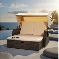 Melko Strandkorb Rattan Strandkorb Sonnenbett Dach Sonnenliege Relaxliege Gartenmöbel, BxTxH: 145x143x130 cm, (Gartenliege mit Hocker)