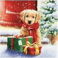 HOME FASHION Papierserviette 20 Servietten Little Puppy - Hund als Weihnachtsgeschenk 33x33cm, (20 St)