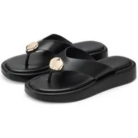 French Connection Sandale, Pantolette, offener Schuh, Sommerschuhe Zehentrenner NEU mit goldfarbenem Schmuckelement und bequemer Sohle VEGAN