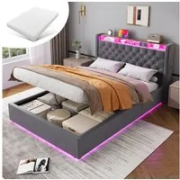 MODFU Polsterbett Mit Stauraum,LED-Beleuchtung und USB-Anschlüssen (Funktionsbett, 2-tlg., Stabiler Metallrahmen, inkl. Lattenrost, mit Matratze), 140x200 cm, Hollandvelours, Kopfteil-Ablage