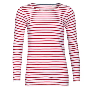 SOLS Damen Marine T-Shirt, gestreift, langärmlig (Weiß/Rot)