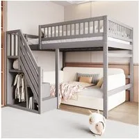 Merax Hochbett (Jugendbett mit Rausfallschutz und Lattenrost, 1-St) Etagenbett 140x200cm mit Treppe und Stauraum, Kiefernholz Kinderbett