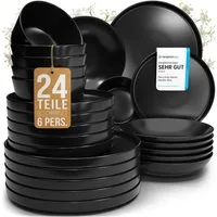 PURE LIVING INTERIOR DESIGN Geschirr-Set Manhattan aus Steingut, 24-tlg., für 6 Personen, Schwarz, 6 Personen, Steingut, Urbanes Matt-Schwarz Design, Klare moderne Formen, Massives Steingut …