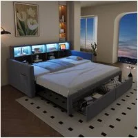 REDOM Schlafsofa mit LED-Kopfteil, Ladeanschlüssen & Staufächern, Zwei Schubladen & Lattenrost, Polsterbett Kinderbett, 90/180 x190cm, ohne Matratze