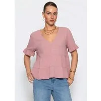 SASSYCLASSY Kurzarmshirt Musselin Shirt mit Volants für Damen Leichtes Baumwolltop mit tiefem V-Ausschnitt im oversized Fit
