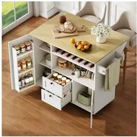 i@home Kücheninsel Küchenwagen freistehend mit Rollen und klappbarer Arbeitsplatte, (2 Schubladen und Weinregal), Servierwagen Stauraum für Küche und Esszimmer 104 cm
