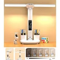 ibettertec LED Schreibtischlampe LED Doppelkopf Dimmbare Tischleuchte mit Stifthalter 360° Schwenkbare, LED fest integriert, LED fest integriert, Warmweiß (3000K), Naturweiß (4500K), Kaltweiß (6000K), Touch-Steuerung, tragbar, faltbar,Augenschutz, Na