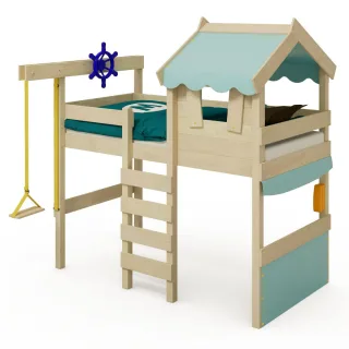 Kinderhochbett CrAzY Gloomy 90x200 cm aus Massivholz mit Spielbereich Dach Leiter und Flaschenzug für ein tolles Kinderzimmer - Wickey