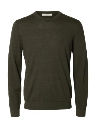 selected men - SLMTRAY LS KNIT REG MERINO CREW NOOS Forest Night - Gr. - L