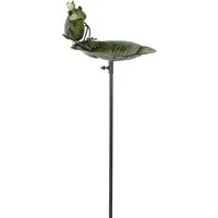 finehomegarden Gartenstecker Vogeltränke Frosch auf Blatt Metall grün Ø28cm H15cm + Stab 108cm (1-St) Futterplatz Futterstation Stecker Garten / Paket