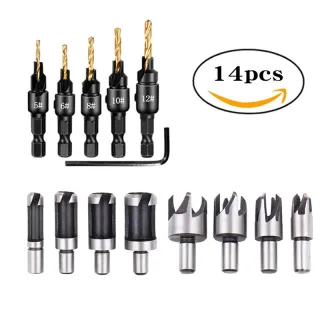 14pcs Wood Plug Cutter Drill Cutting Tool Drill Bit Set Straight And Tapered Taper Woodworking Cork Drill Bit 5/8" 1/2"