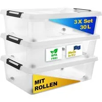 Gardissimo Aufbewahrungsbox 3 er Set mit Deckel "Clip" 30 Liter Kunststoff Boxen Stapelboxen (Spar-Set, 3 Boxen + 3 Deckel), Clipverschluss / mit Rollen / stapelbar / nestbar
