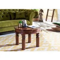 Massivmoebel24 Couchtisch OXFORD (60x60x45, runder Couchtisch aus massiven Akazienholz im Landhausstil), hochwertiges Edelholz,authentische Holzadern,aufwendige Schnitzereien