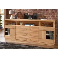 OTTO home Sideboard Ribe,180cm breit, Fronten Massivholz,7 Fächer,Böden versetzbar, Korpus Holzwerkstoff,Türen mit Glaseinsatz,3 breite Schubladen