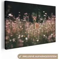 OneMillionCanvasses® Leinwandbild Hirsche - Wildblumen - Wald, Fotodruck (1 St), Leinwand Bilder Klein, Wand Dekoration Aesthetic 30x20 cm