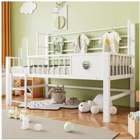 Flieks Kinderbett, Niedriges Hochbett Metallbett 90×200cm mit Netzregal Kleiderstange