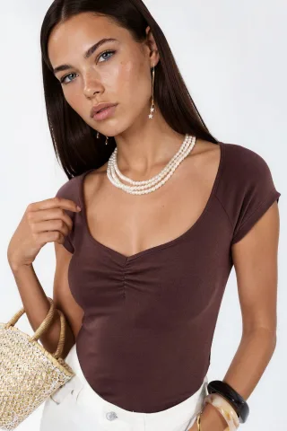 V-Ausschnitt Kurzarm Drapierte Bluse