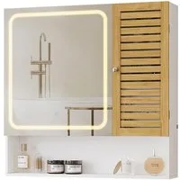 MSMASK Spiegelschrank mit LED-Beleuchtung und Steckdose, Badezimmerschrank (1-St) mit Bambustür & Verstellbarer Ablage, 80×16×77cm