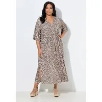 Ulla Popken Jerseykleid Maxikleid Leomuster V-Ausschnitt 3/4-Kimonoärmel