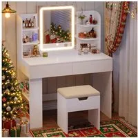 Furnicopia Schminktisch 90/110 cm, LED-Beleuchtung mit einstellbarer Helligkeit, Stauraum (Mit 8 Ablagefachern, 2 Schubladen (beidseitig austauschbar)und optionalem Hocker.Erhältlich in Weiß und Schwarz)