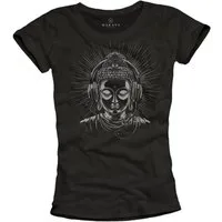 MAKAYA Yogashirt Buddha Kopfhörer Motiv Kurzarm Shirt Schwarz Baumwolle Frauen Top (Druck, Modisch, Lässig, Elegant, Vintage) Print