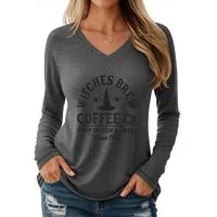 PYLIKE Longsleeve Damen V-Ausschnitt Longsleeve mit Hexenhut Print-Shirt Halloween Special Feiertag tragen