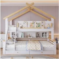 Merax Etagenbett 90x200cm & 120x200cm mit Dachdesign & Leitplanke (1-St., Jugendbett Stockbett Doppelbett), Kieferholz Kinderbett mit 2 Schubladen, Regalreihe & 4-stufiger Treppe