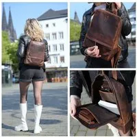 Corno d´Oro Cityrucksack Premium Rucksack Damen Leder Mittelgroß Lederrucksack Vintage Braun, Handmade, für 14 Zoll Laptop, leichtes Gewicht - nur 690gr.