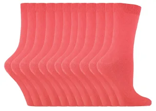 Einfarbige Damensocken mit hohem Baumwollanteil | 12 Paar Multipack | Socken-Snob | Dünne, bequeme, farbenfrohe Crew-Söckchen für Damen in Koralle