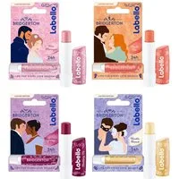 Labello Lippenpflegestift LIMITED BRIDGERTON EDITION Lippenpflegeset 24h Feuchtigkeit vegan, 4-tlg., Rose Meringue, Peach Tea, Blackberry Pie, Vanilla Biscuit