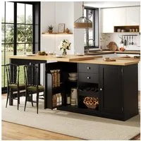 i@home Bartisch Ausziehbarer Kücheninsel, Esstisch, 120-197cm, Weinregal & Snack-Regalen, magnetische Türen, Weiß/Schwarz