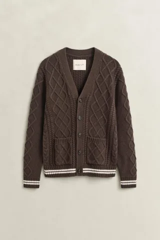GANT - Strickjacke mit Zopfmuster aus Wollmix SHADOW BROWN - Gr. - M