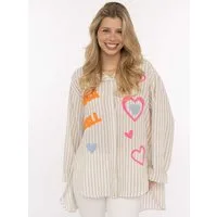 Zwillingsherz Hemdbluse "Rock n' Roll Patches" gestreift, länger geschnitten, auffallende Teddy-Patches, Knopfleiste