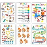 Tigerlino Poster 6er Set Alphabet, Farben, Körper, Zahlen, Gefühle, Monate Lernposter