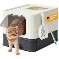 FEANDREA Katzentoilette mit Deckel, mit Tablett, Schaufel und Bürste, Auslaufsicherer Boden, für Katzen bis 15 kg, 1er/2er Set