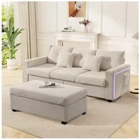 Merax 3-Sitzer L-förmiges Sofa mit LED-Beleuchtung, Wolkenweiches Sitzgefühl, Modulares Design, Cordstoff 1 Teile, 3-Sitzer Sofa mit Extra großer Ottoman, Seitentaschen & 2 Zierkissen