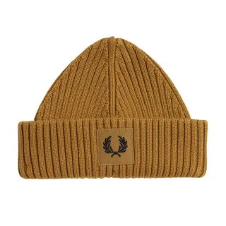 Fred Perry Branded Patch Dark Caramel Ribbed Beanie
