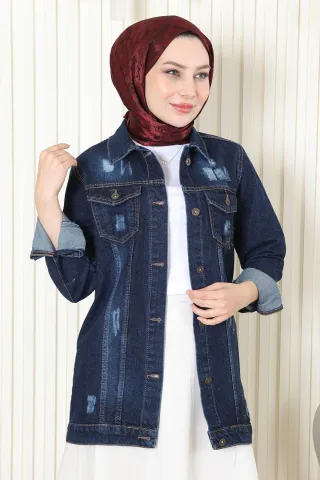 Geknöpft Denim Jacke Dunkelblau-Denim
