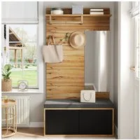 Merax Garderoben-Set mit Spiegel & Sitzkissen, Kompaktgarderobe in Schwarz-Holzoptik, (1-St., 100×190×38 cm), Flurgarderoben-Set mit Schuhschrank, Kleiderhaken & Soft-Close-Türen