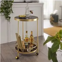 FINEBUY Servierwagen Gold Beistelltisch auf Rollen Glas Speisewagen Rund Ø 45 FB52960, (Gold Ø 45 cm, Mobiler Beistelltisch Glas Modern), Speisewagen Rund, Küchenwagen Teewagen
