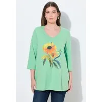 Ulla Popken T-Shirt Shirt Sonnenblume A-Linie V-Ausschnitt 3/4-Arm