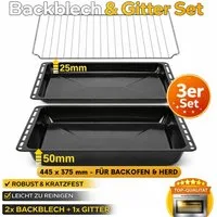 ICQN Backblech Fettpfanne 445 x 375 mm 25 und 50 mm, Emaille, (Set, 3-St., Backbleche und Verchromt Backofenrost), Kratzfest & Rostfrei, 44,5 x 37,5 cm