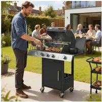 Outsunny Gasgrill inkl Seitenbrenner, Flaschenöffner, Thermometer, Gusseisen-Grillrost, Gas-Grill, BBQ Grillwagen, für Balkon Party