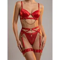 Elegant Love Set: Bügel-BH Dessous-Set für Damen – Sexy Straps-Lingerie mit Kettendetails (Set, 4-tlg., BH + String + Strumpfgürtel + Beinbänder) Sinnliche Reizwäsche – Stilvolle Unterwäsche für besondere Stunden