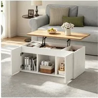 KLAM HOME Couchtisch Multifunktions Tisch Weiß-Natur mit Stauraum und Hubfunktion (Couchtisch 95×46×45cm höhenverstellbar bis 59cm mit Doppeltüren), Kombinierter Sofatisch nutzbar als Beistelltisch & Heimarbeitsplatz