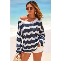 Arach&Cloz Langarmshirt Damen Sommer Top One-Shoulder Leinenoptik Gestreift für Sommer & Urlaub