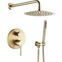 Oihpaw Duschsystem 2-Funktions-Duschset mit 25 cm rundem Regenduschkopf, verdeckter Messingkörper und Handbrause