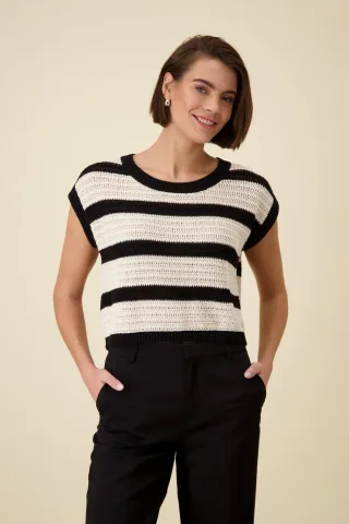 monari - Kurzarm-Strickpullover mit Ringeln schwarz ringel - Gr. - 44