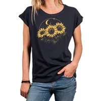 MAKAYA Kurzarmshirt Damen Blumenprint Sonnenblumen Mond Sterne Flower Power Hippie Top (Schwarz, Blau, 34, 36, 38, 40, 42, 44, 46, 48, 50) aus Baumwolle